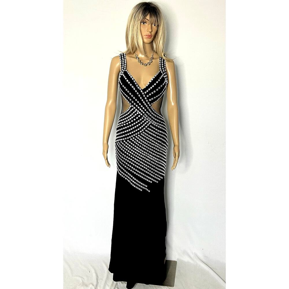 Jovani Size 2 Black Rhinestone Crystal Illusion Mermaid Gown Formal Dress Train